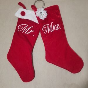 Hobby Lobby Mr & Mrs Christmas Stockings Red White Cursive Flower Accent Cute